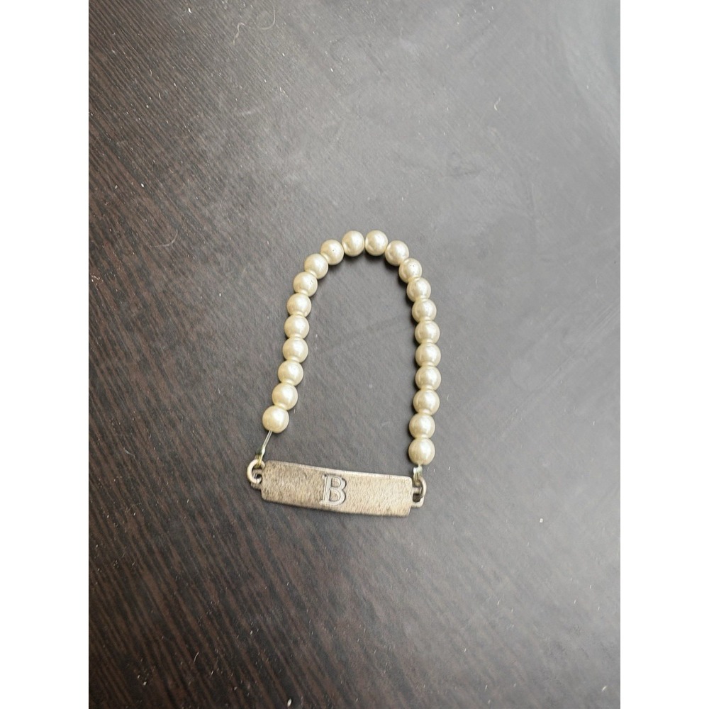 John Wind Maximal Art Signed Silver White Faux Pearl Letter B Stretch Bracelet